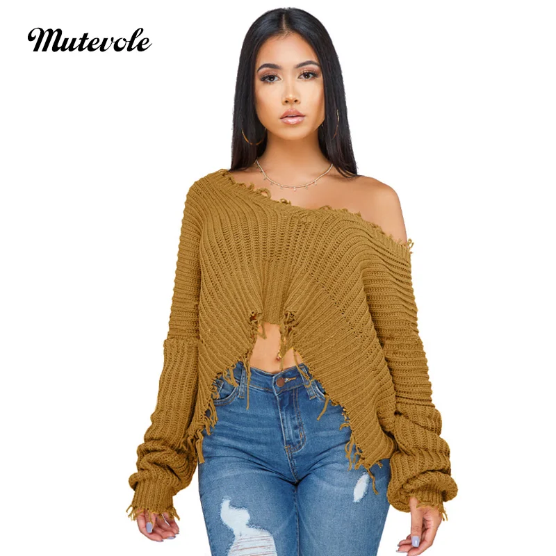 Mutevole V Neck Sweater Crop Top Women Winter Warm Knitted Pullover Female Casual Solid Color Long Sleeve Basic | Женская одежда