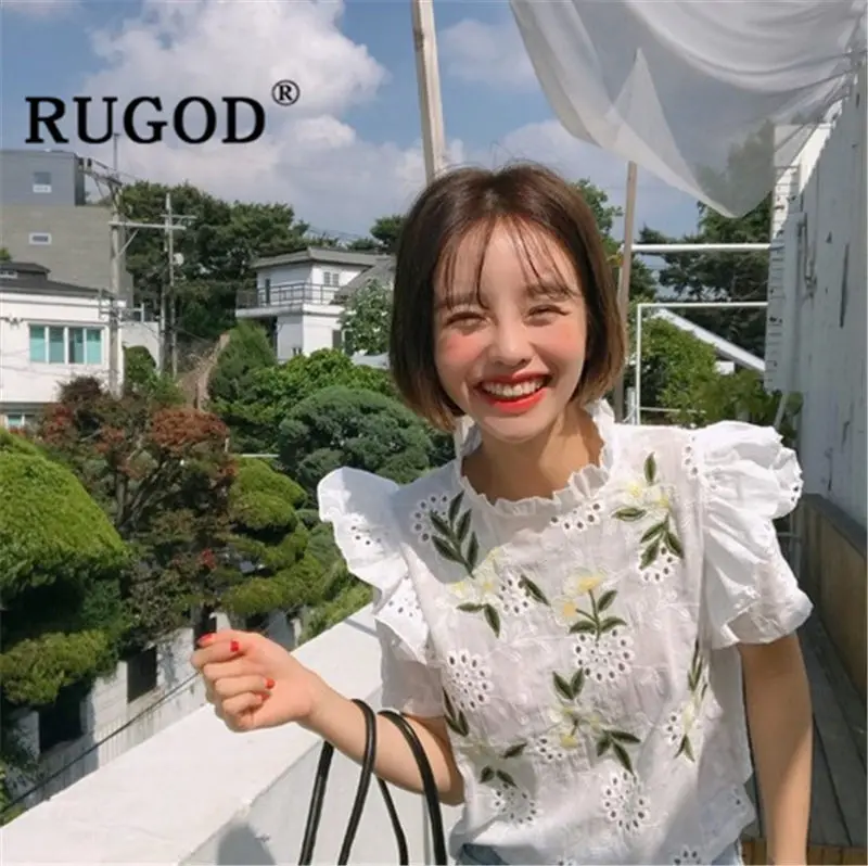 Белый RUGOD летняя одежда полые кружевные женские топы и блузки с коротким рукавом с вышитыми цветами женские блузки - Цвет: Белый