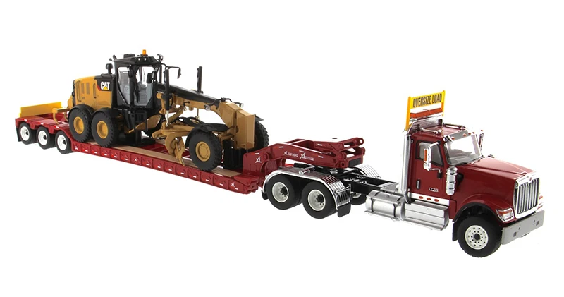 DM-85598 1:50 Международный HX520 тандем день кабина трактор с XL 120 Lowboy трейлер в красном и Cat 12M3 грейдер
