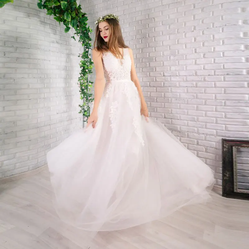 Новое поступление, Элегантное свадебное платье цвета шампанского, Vestido de Festa, платье трапециевидной формы с аппликацией на молнии, платье со шлейфом и бантом, кружевное стильное платье