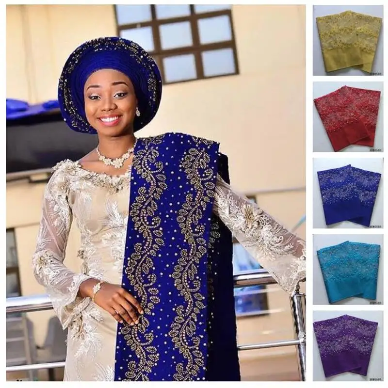 Африканский головной убор Aso Oke длина с бусинами и камнями смешанный дизайн Ebi