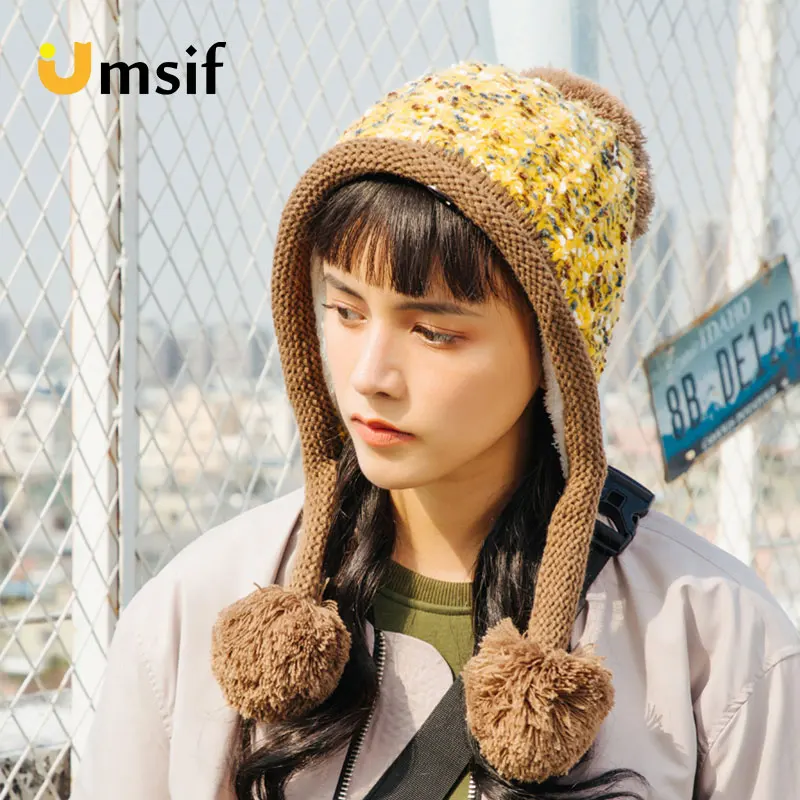Ветрозащитные теплые помпоны шапки бомберы для женщин 2018 новые зимние женские