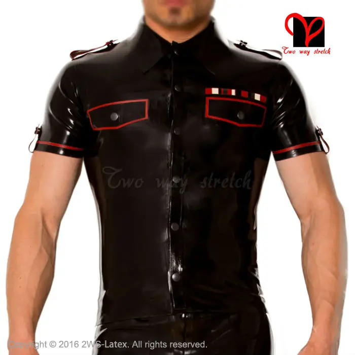 Latex military uniform T Tee shirt button high collar pocket flap Rubber Top Gummi blouse catsuit Army XXXL plus size SY-032