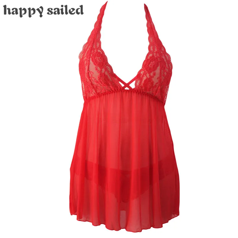 Happy Sailed babydoll lingerie sexy Black Ravishing Halter Lace Top Open Back Night Dress with Thong Costumes Underwear LC31014 |