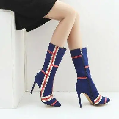 NIUFUNI 2021 New Autumn Women Boots Mixed Colors Pointed High Heels Mid-Calf Botas Mujer Sexy Lady Stilettos Women Shoes