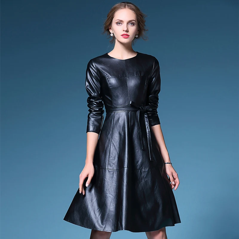 Платье женское черное желтое из искусственной кожи с длинным рукавом|vestido chiffon|dress