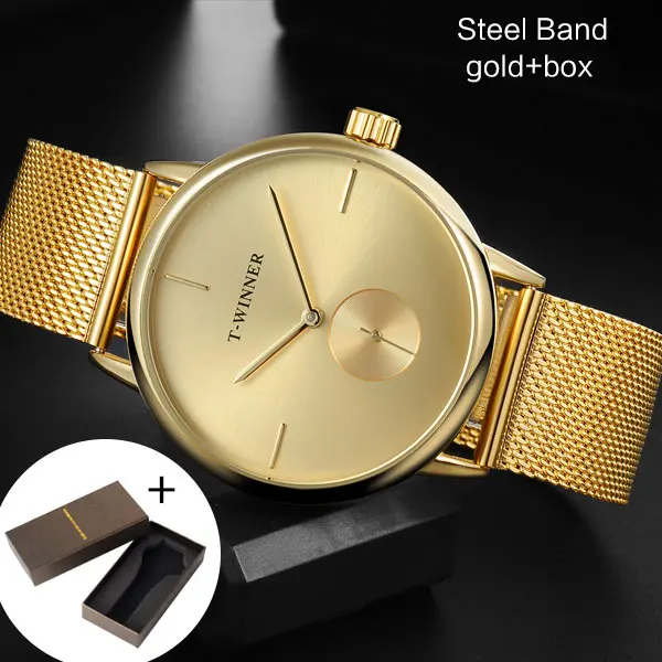 G gold box T-WINNER, мужские механические часы, победитель, Лидирующий бренд, ручная работа, нержавеющая сталь, кожаный ремешок, Forsining, простые мужские водонепроницаемые часы - Цвет: G gold box
