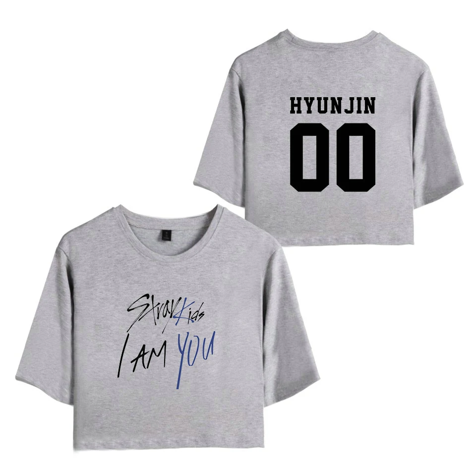 KELUOXIN Kpop StrayKids футболка с коротким рукавом I am YOU Album Crop Tops Женская Хип-хоп сексуальная открытая детская футболка с пупком - Цвет: Gray HYUNJIN 00
