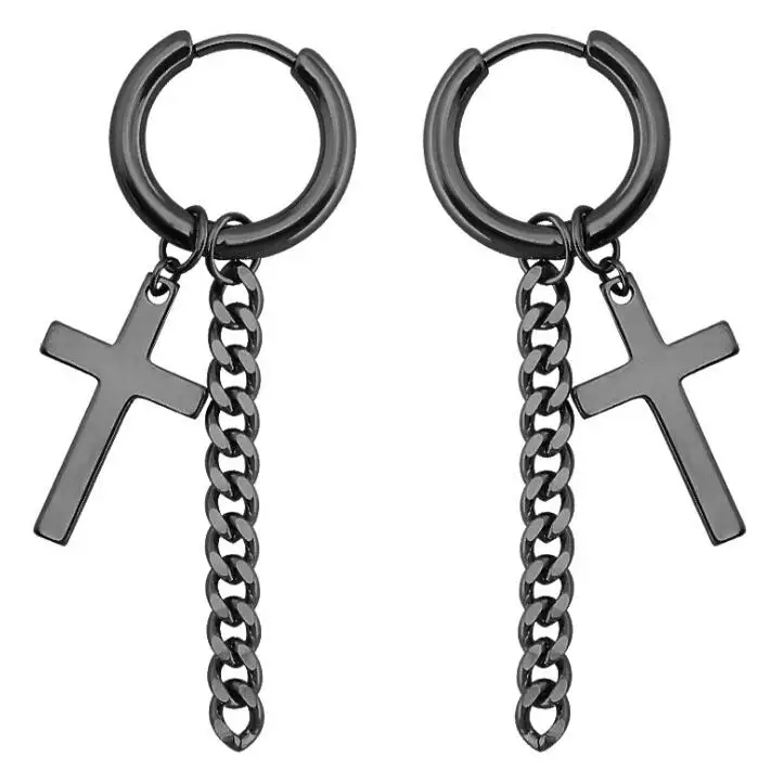 Cross Chain Black SaYao 2 Pieces Stainless Steel Hoop Earring Skull Cross Tassel Chain Ear Earrings Huggie Earring Jewelry Helix Tragus Boy Men - Окраска металла: Cross Chain Black