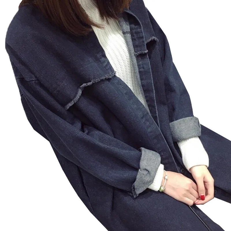 Новинка 2017 модная женская длинная джинсовая куртка весна осень BF стиль