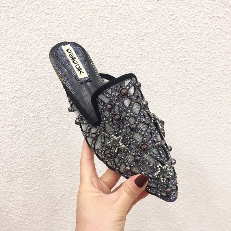 Туфли Wellwalk женские на тонком каблуке блестящие шлепанцы с блестками роскошные