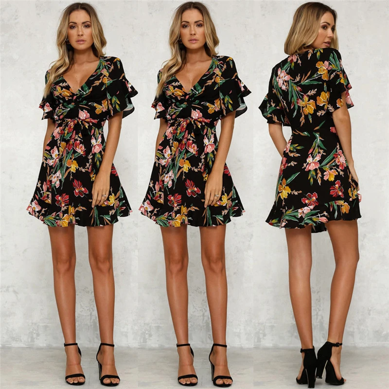 

Women Boho Floral Ruffles Short Sleeve A Line Mini Dress Ladies Elegant Vintage Holiday Short Summer Dress 2019 Fashion Clothes
