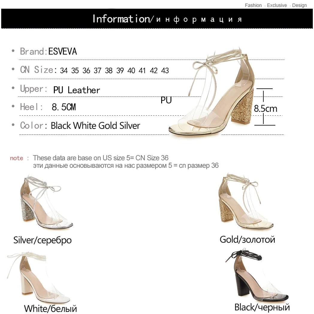 

ESVEVA 2019 Women Sandals Transparent Ankle Strap Lace Up Sequins Square High Heel Fashion Pumps Concise Summer Size 34-43