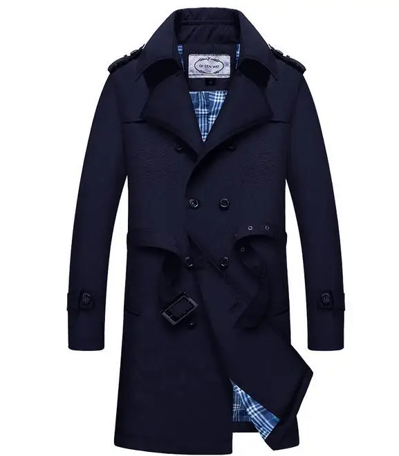 Тёмно-синий British Trench Men Slim Double Breasted Mens Long Trench Coat Trenchcoat Jacket Male Coat TBusiness Casual rench - Цвет: Тёмно-синий
