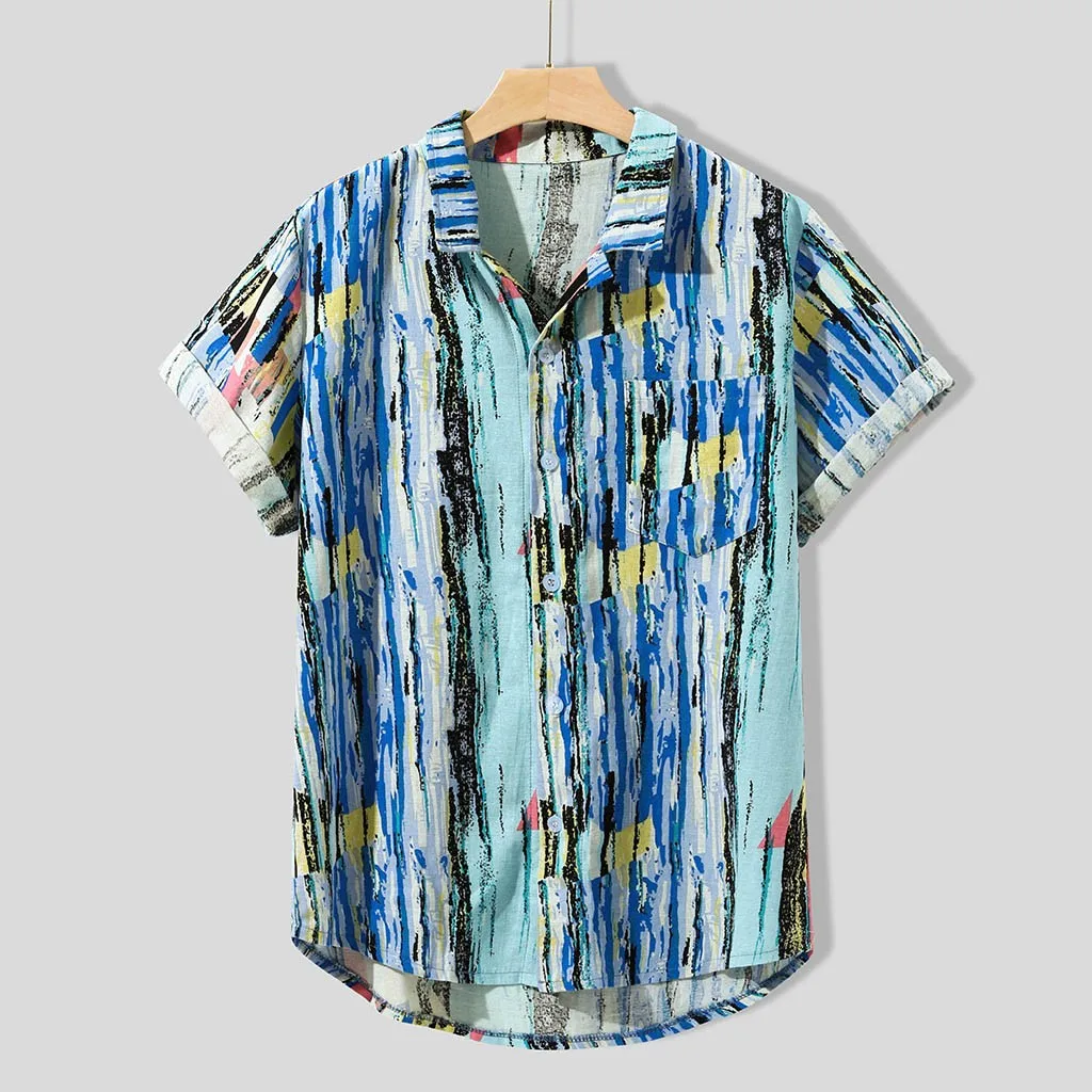 Летняя мужская рубашка с принтом Гавайская свободная пляжная коротким рукавом