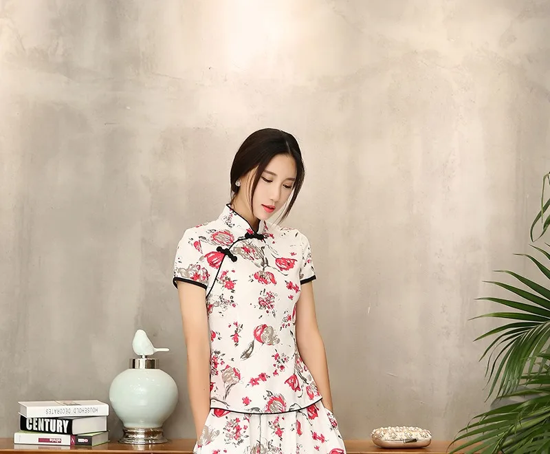 Шанхай история Мандарин воротник женская Qipao рубашка Китайский Топ короткий рукав cheongsam Топ Традиционный китайский льняная блузка