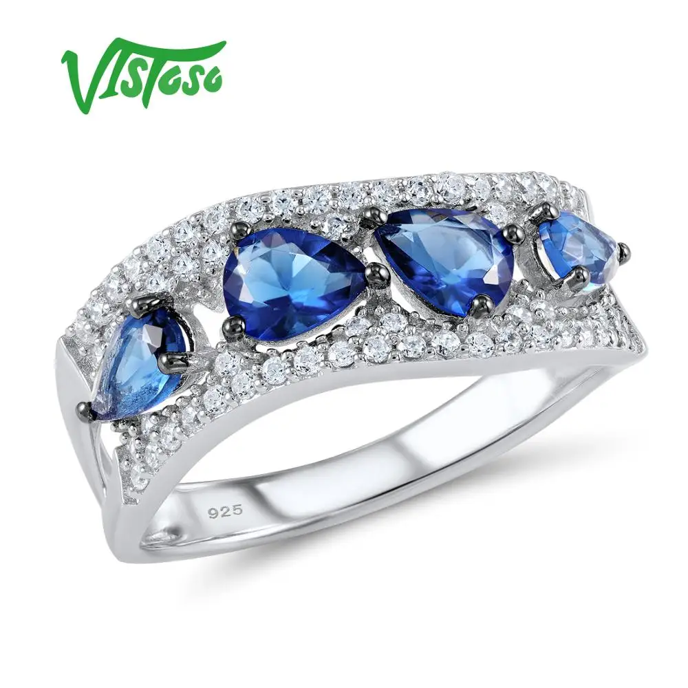 VISTOSO серебряное кольцо для женщин 925 пробы серебряные кольца с синим кристаллом