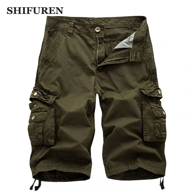 

SHIFUREN Summer Causal Men Military Cargo Shorts Multi-pocket Loose Fit Male Cotton Baggy Shorts Overalls Knee-length No Belt