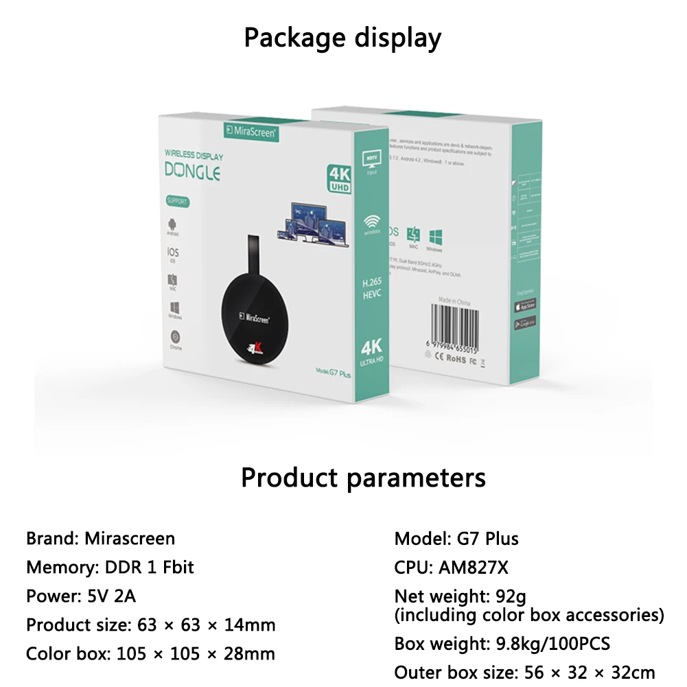Беспроводной дисплей MiraScreen G7 Plus 2 4/4K UHD Miracast Airplay DLNA Wi Fi ключ H.265 режимы
