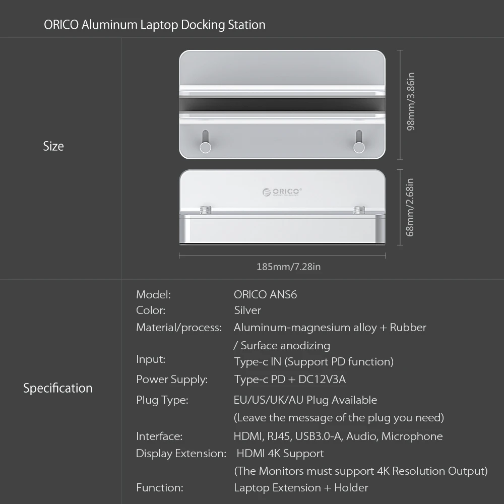 

ORICO ANS6 Aluminum Type-c to HDMI-compatible RJ45 USB3.0-A Microphone Audio Laptop Docking Station with Adjustable Holder
