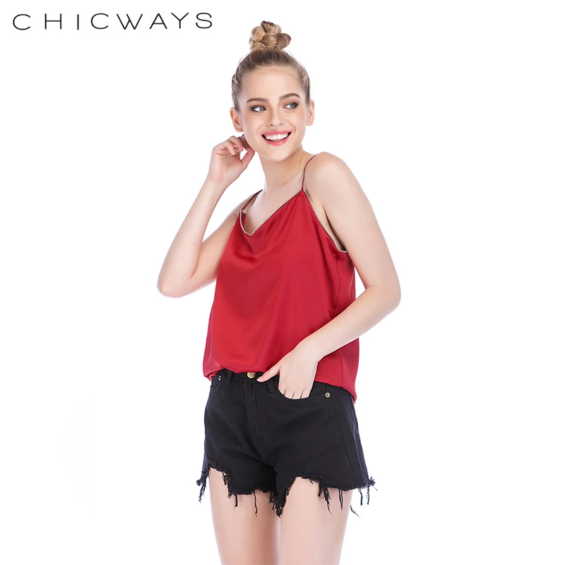 Chicways свободные Атлас Майки Топы металлические цепи молния Спагетти ремень