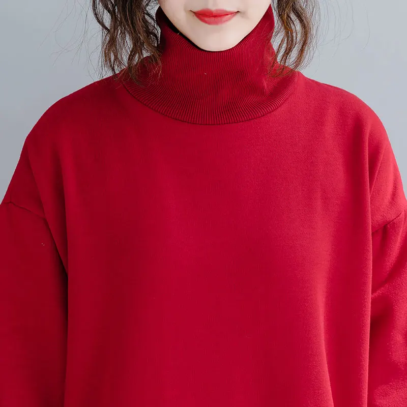Oladivi Plus Size Women Velvet Hoodies& Sweatshirt Ladies Turtleneck Warm Coat Female Winter Long Top Tunic Vestidios Red Black