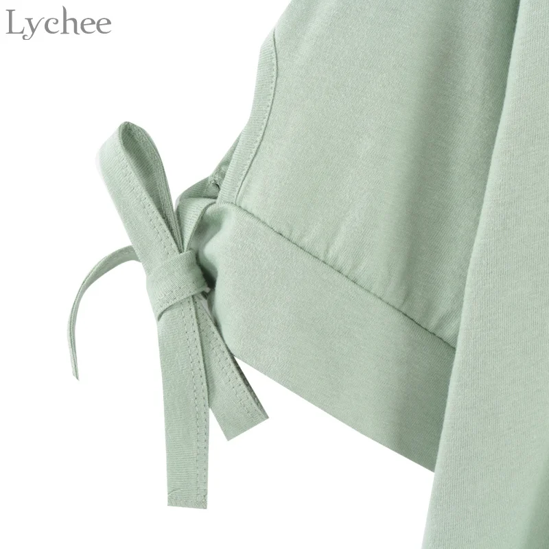 Милая Летняя женская футболка Lychee с принтом мультяшного дома на шнуровке