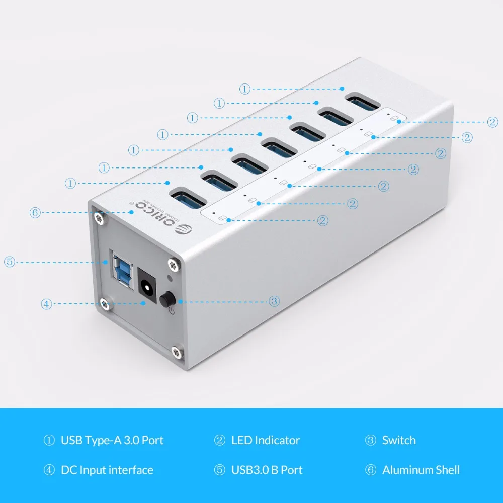 Высокоскоростной Алюминиевый Концентратор ORICO A3H7 с 7 портами USB 3 0 для ПК/ноутбука