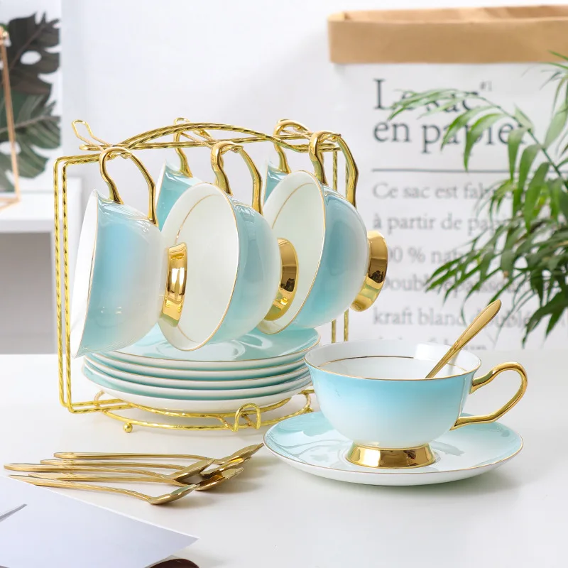 6Cups n Holder Костяного фарфора чайная чашка ложка для блюдца набор 200 мл градиентная синяя кофейная чашка Золотой фарфор керамический чайный набор чайная чашка кафе кофейная чашка - Цвет: 6Cups n Holder