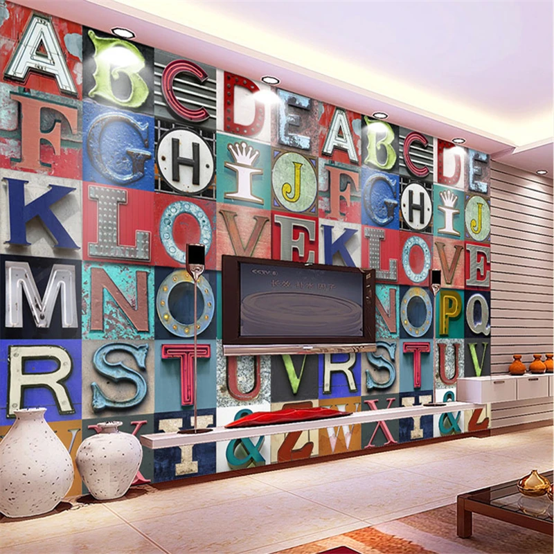 

beibehang papel de parede European vintage wallpaper 3D stereoscopic English alphabet wood bar Cafe ktv large mural wall paper