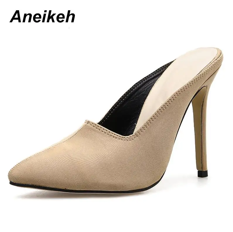 Apricot Aneikeh/ г. Новые модные женские шлепанцы женские туфли без задника на шпильках с острым носком обувь Черный абрикос женские шлепанцы на высоком каблуке, размер 40 - Цвет: Apricot