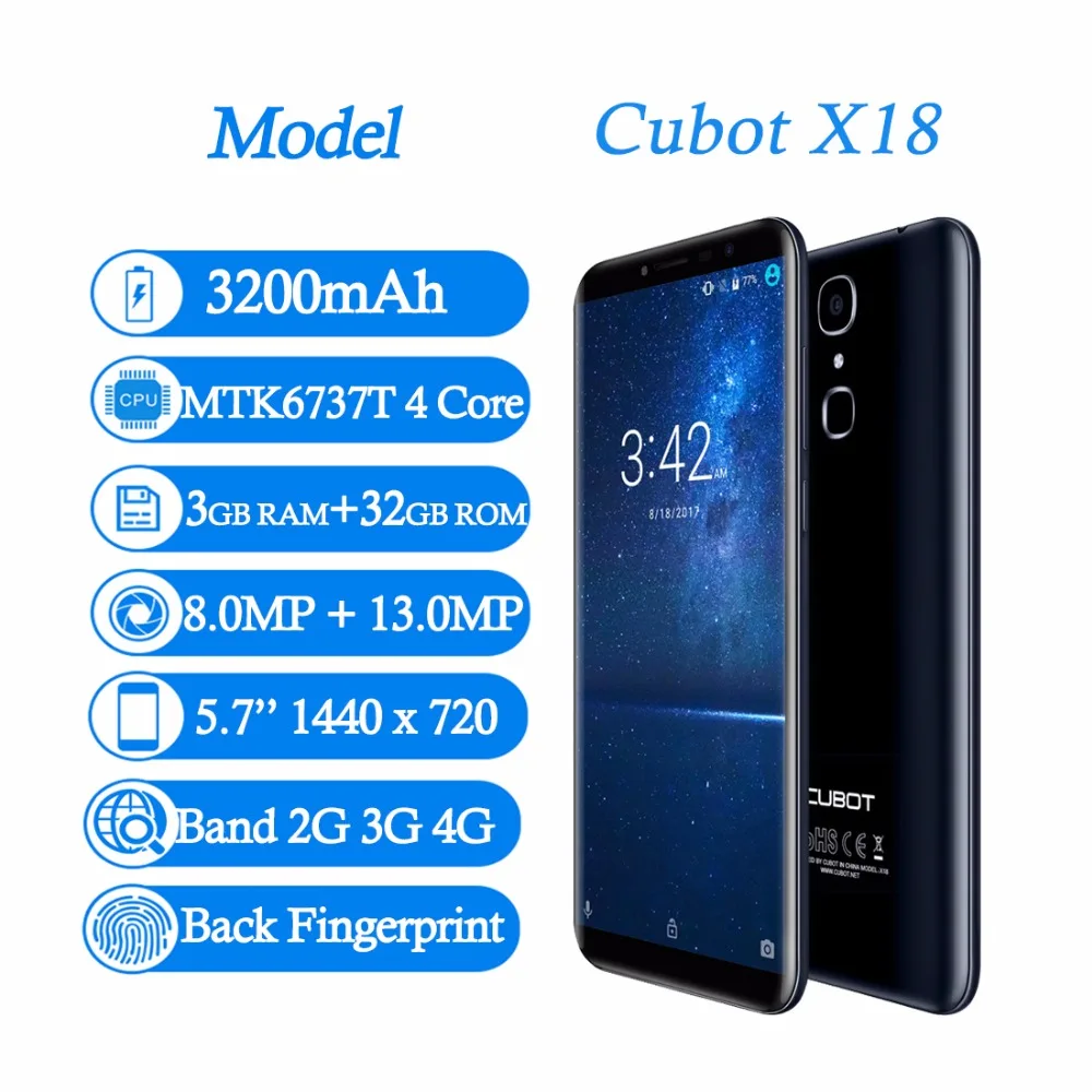 CUBOT X18 5 7 ''ОЗУ 3 Гб ПЗУ 32 Смартфон отпечаток пальца ID Android 0 MTK6737T четырехъядерный