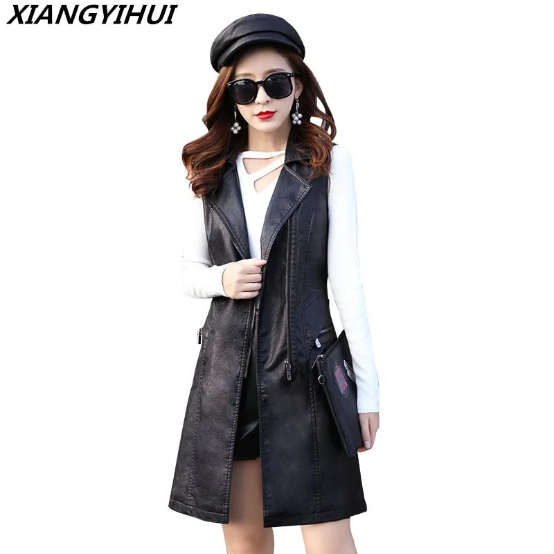 

3XL 2018 High Quality PU Leather Women's Vest Long Top Leather Trench Coat Female Waistcoat for Women Feminine jacket