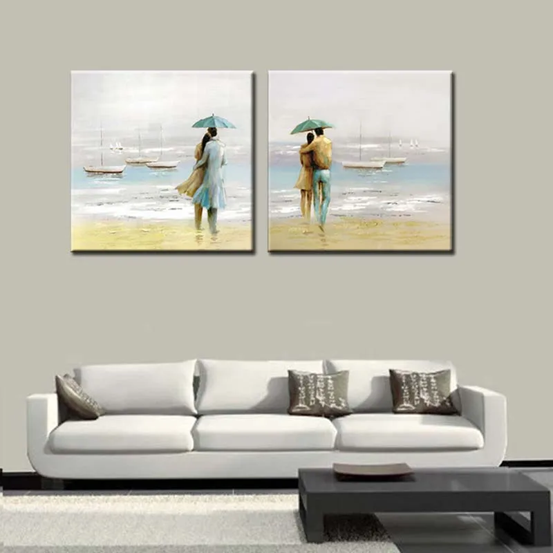 

Hand Painted Abstract Art Two Pieces Couple Canvas Oil Painting Abstract Beach Seascape Wall Picture For Living Room Home Decor