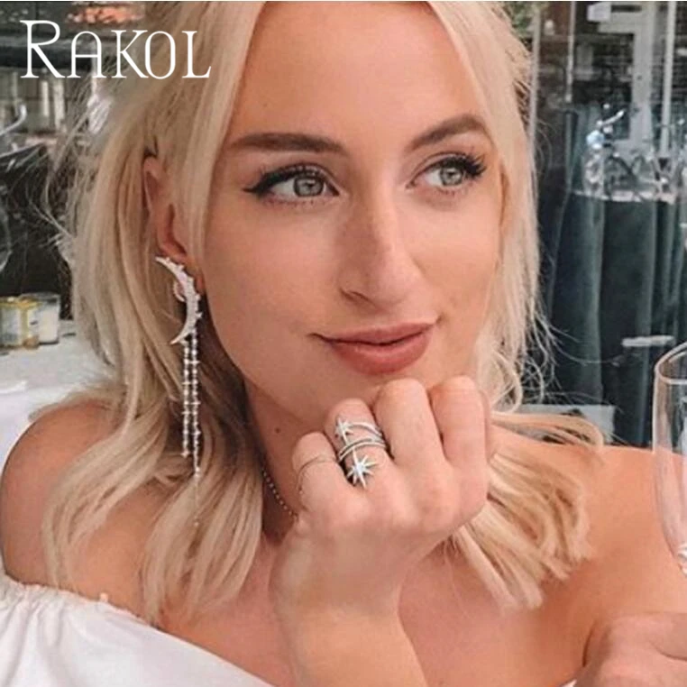 RAKOL Роскошные пентаграмма дизайн AAA+ CZ Циркон модное кольцо с кристаллом Дамы невесты свадебное платье аксессуары RR821089