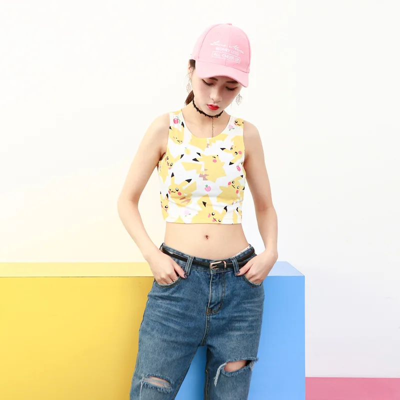 Summer Harajuku Sexy Girls Navel Tank Top Pokemon Pocket Monster Pikachu Print Bustier Crop Tops Vest Camisole Short Shirt | Женская