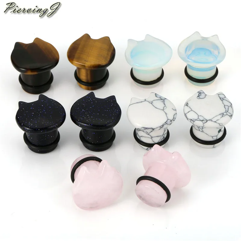 10mm Mixed Stone Set Пирсинг J, 5 пар сережек, органический натуральный камень, милые кошачьи ушки, растягивающие пробки, одиночные, расклешенные, телесные, тоннели для ушей, Калибр 2 г до 5/8 дюйма - Окраска металла: 10mm Mixed Stone Set