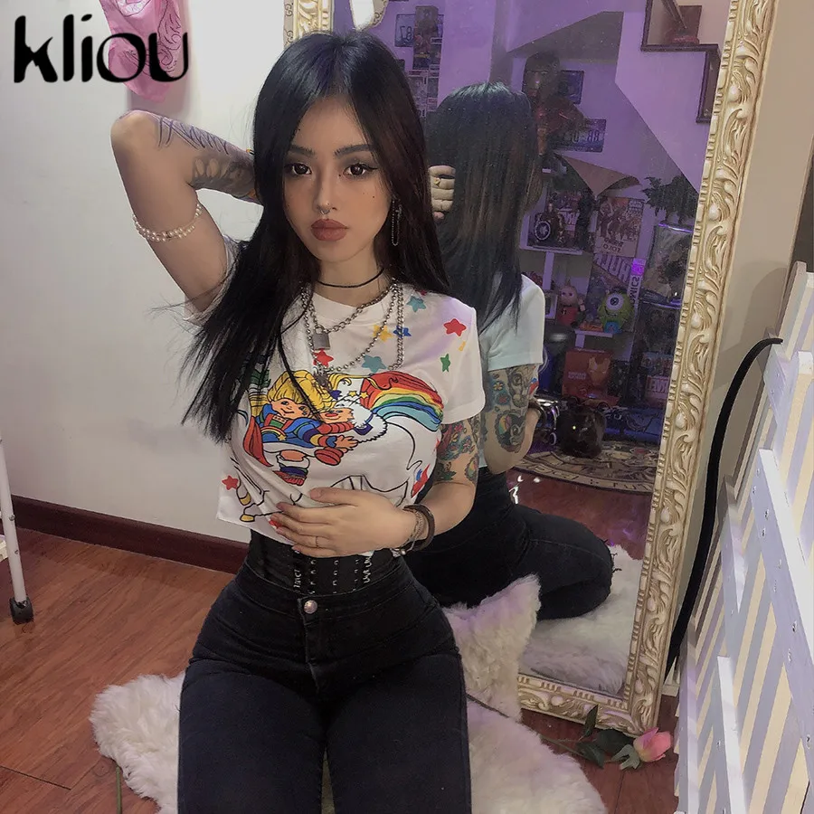 kliou Новая женская укороченная летняя однотонная футболка с коротким рукавом с мультяшным принтом тонкая модная майка