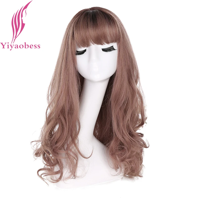Yiyaobess 28inch Long Wavy Hair Synthetic Wig With Bangs Linen Brown Rattan Silver Grey Woman Wigs For Party High Temperature