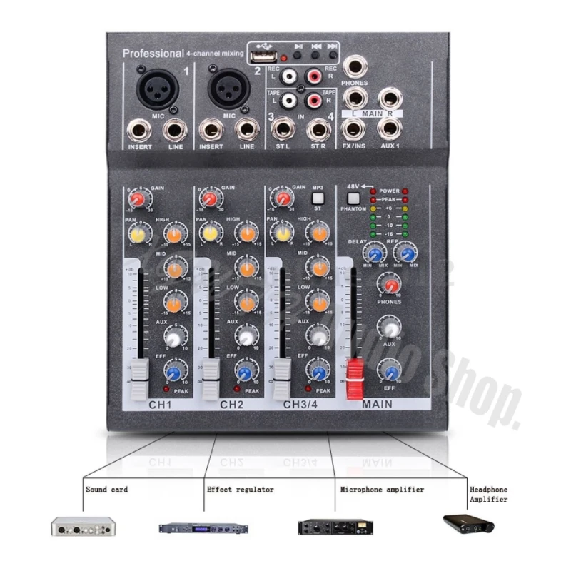 Профессиональная мини 4-канальная студийная звуковая панель с USB + 48 В эффектом