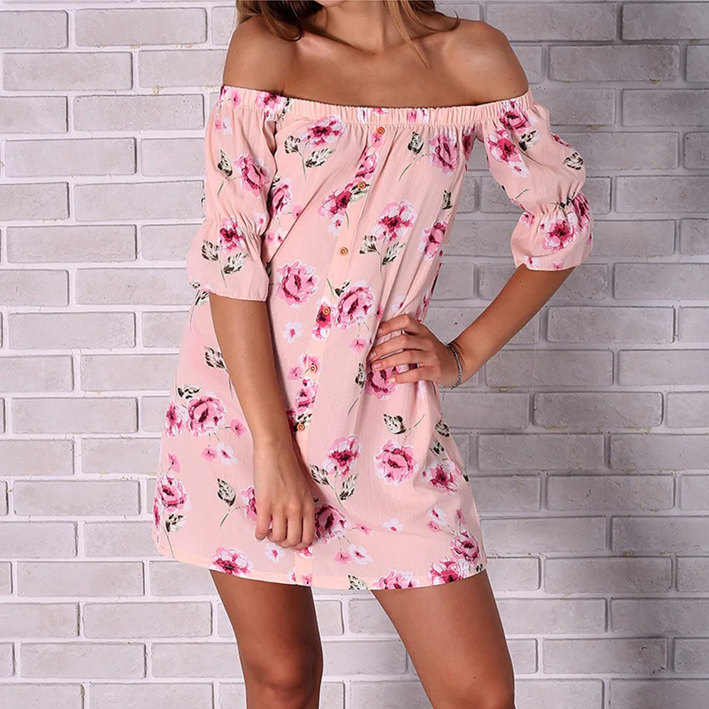 Boho печати короткое платье Сарафан Женские повседневные короткий рукав с