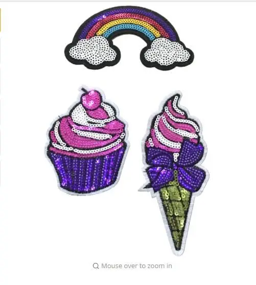 

DD 3Pieces/lot New Ice Cream Rainbow Cupcake Sequined Patches Iron on Clothes Patch DIY Embroidered Applique Decoration Sticker