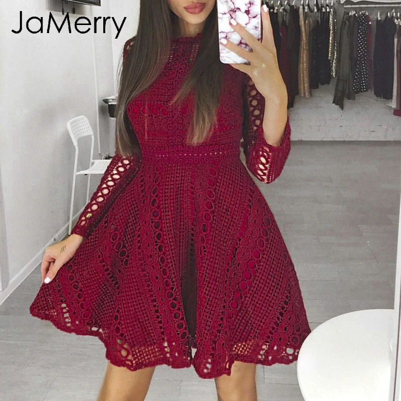 Женское кружевное платье JaMerry осенне зимнее с высокой талией и круглым вырезом