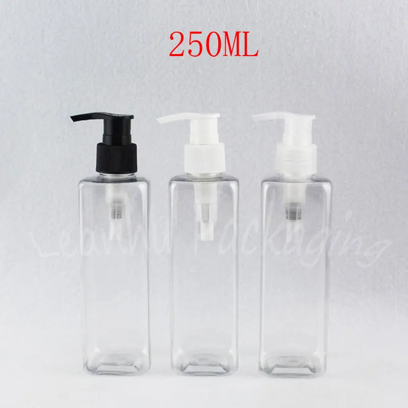 250ML Transparent Square Plastic Bottle With Lotion Pump , 250CC Empty Cosmetic Container , Shampoo / Lotion Packaging Bottle