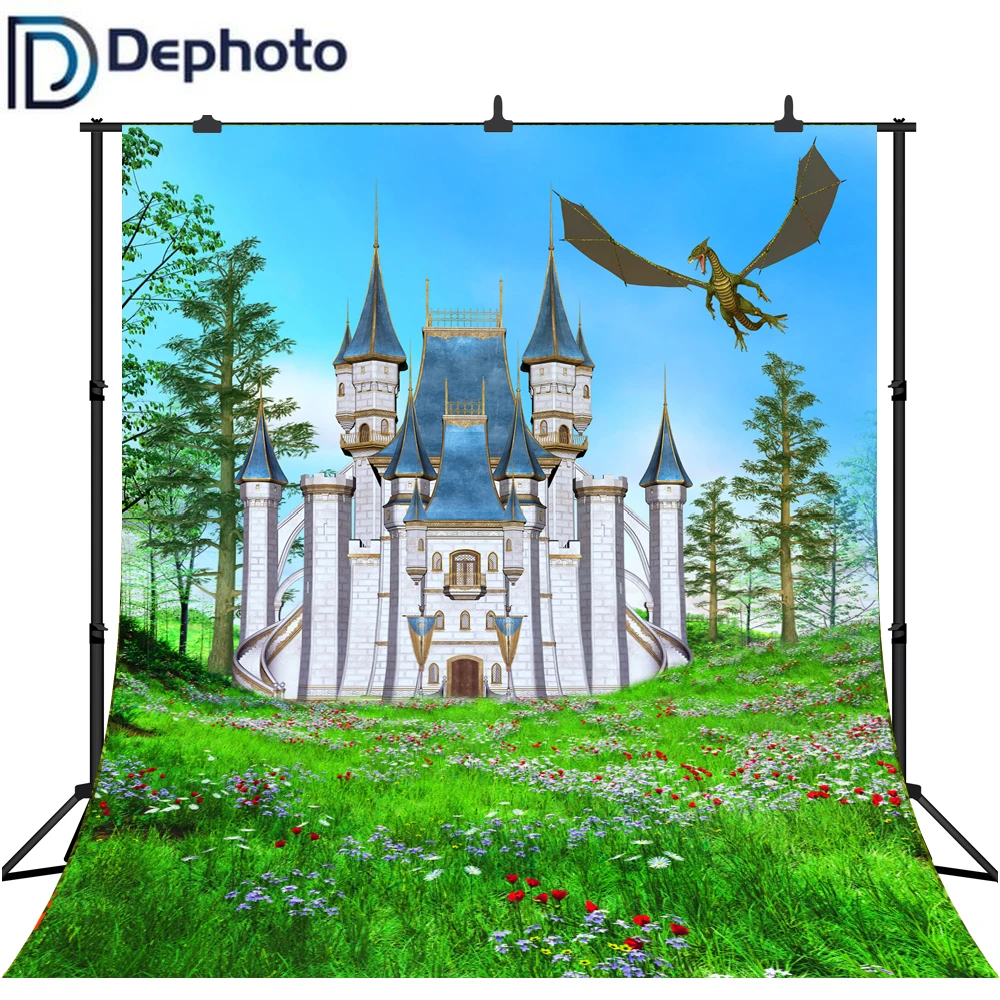 DePhoto Fairy Tale Castle Garden Dragon Newborn Birthday Party Photography Backdrops Vinyl Baby Photo Background Studio Backdrop |