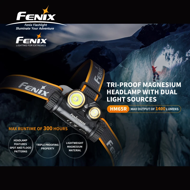 Dual Light Sources Fenix HM65R 1400 Lumens Tri-proof Magnesium Headlamp for Long-time & High-intensity Outdoor Activities