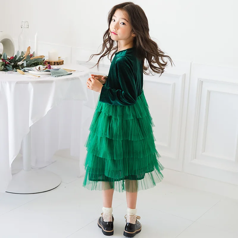 spring green velvet long dress age for 6 - 14 yrs teenage girls cupcake winter party frocks big princess costume | Детская одежда и