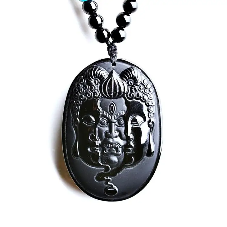 57x40mm Beautiful Natural Black Obsidian Carved Buddhism Amulet Lucky Pendant + Beads Necklace Fashion Crystal Jewelry |