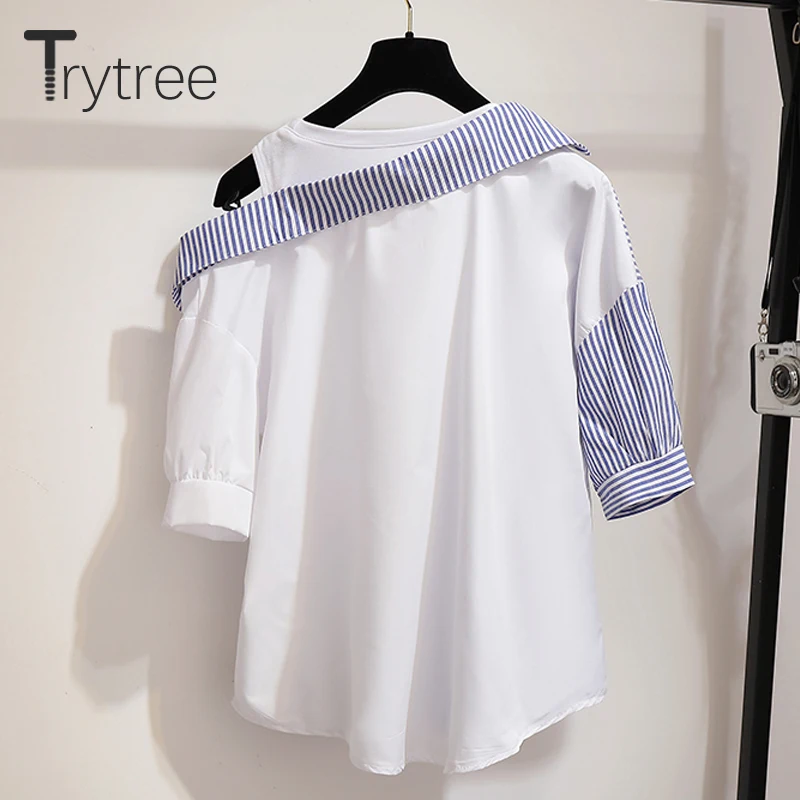 Trytree/летние женские Полосатые блузки Повседневная рубашка из полиэстера и хлопка
