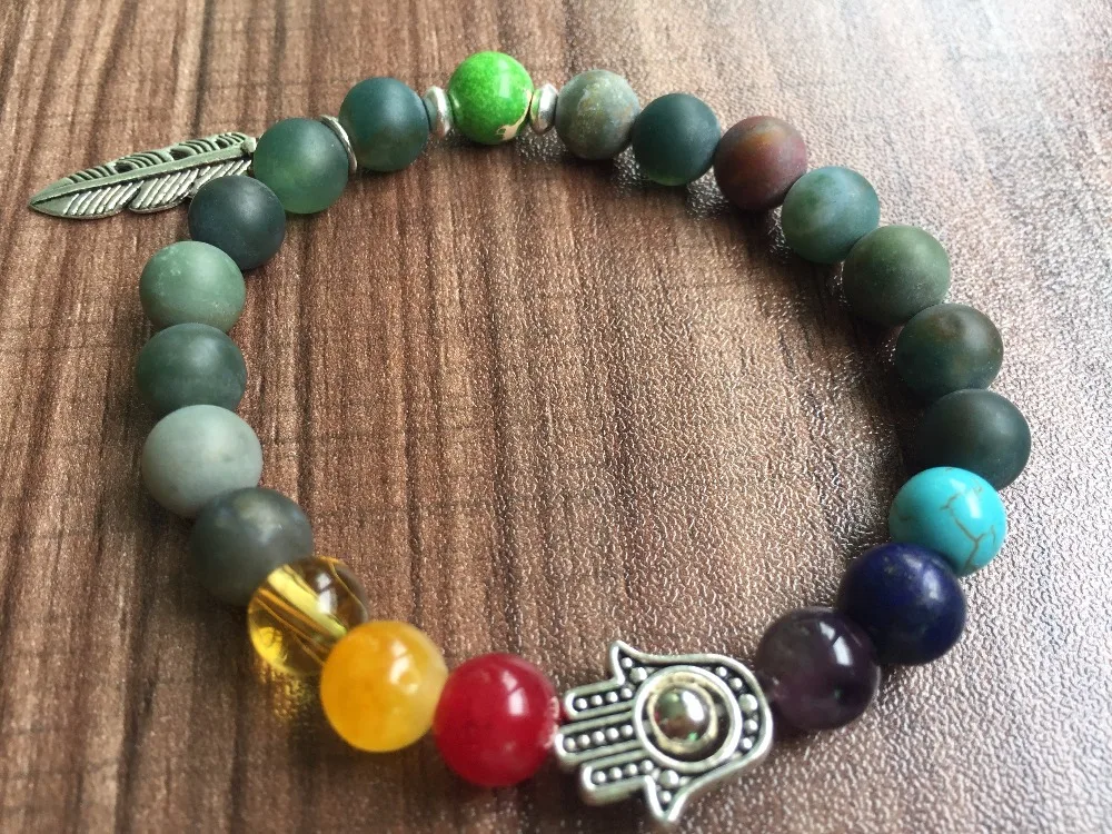 7 Чакра Браслет Листья кулон натуральный камень 8 мм матовый индийский агат